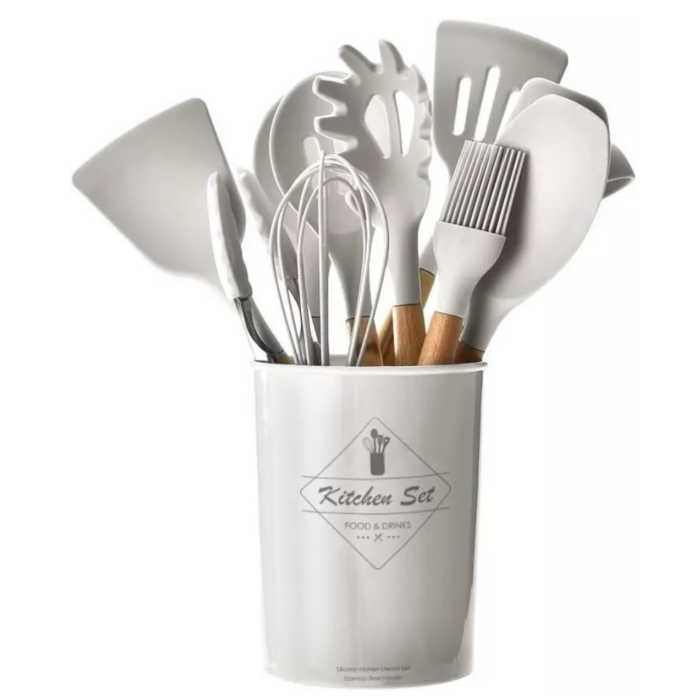 Set 11 Utensili da Cucina + Cestello in Silicone Premium, Manici in Legno, Resistenti al Calore, Antiaderenti