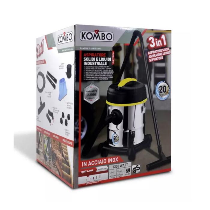 Bidone 20 Litri Aspiratore e Soffiatore 1300W per Solidi e Liquidi in Acciaio Inox