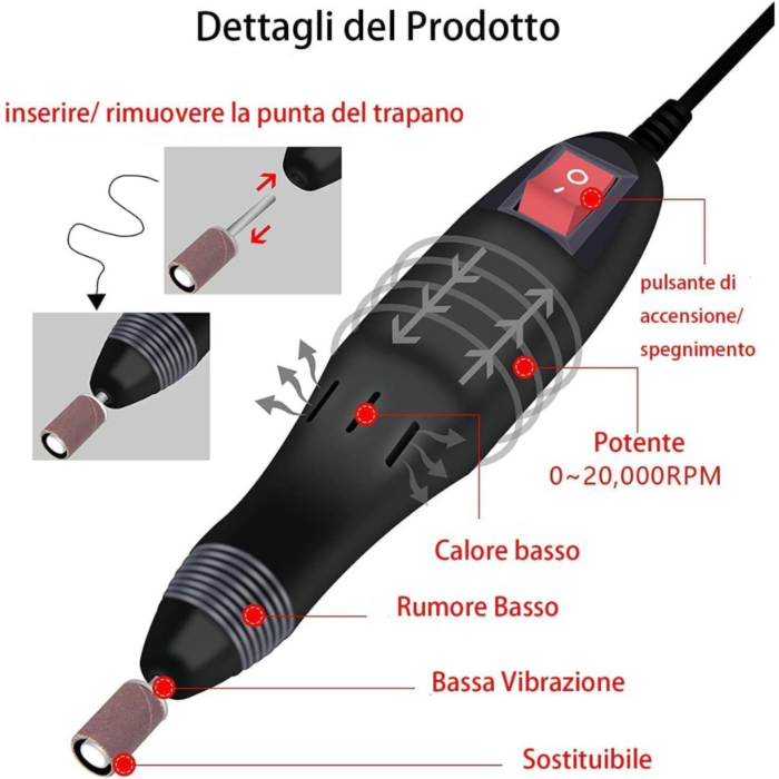 Fresa Unghie Professionale per Manicure, Pedicure, Ricostruzione, Gel, Lima Elettrica Kit Completo
