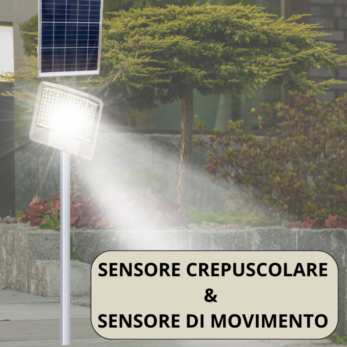 Faro LED Solare 1000W con Pannello Crepuscolare e Sensore Di Movimento, IP65 per Esterno 3 Direzioni