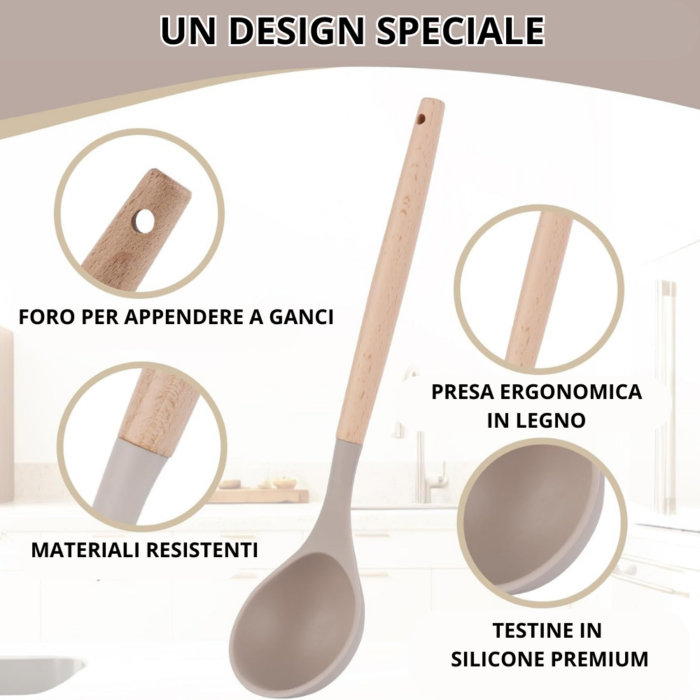 Set 11 Utensili da Cucina + Cestello in Silicone Premium, Manici in Legno, Resistenti al Calore, Antiaderenti