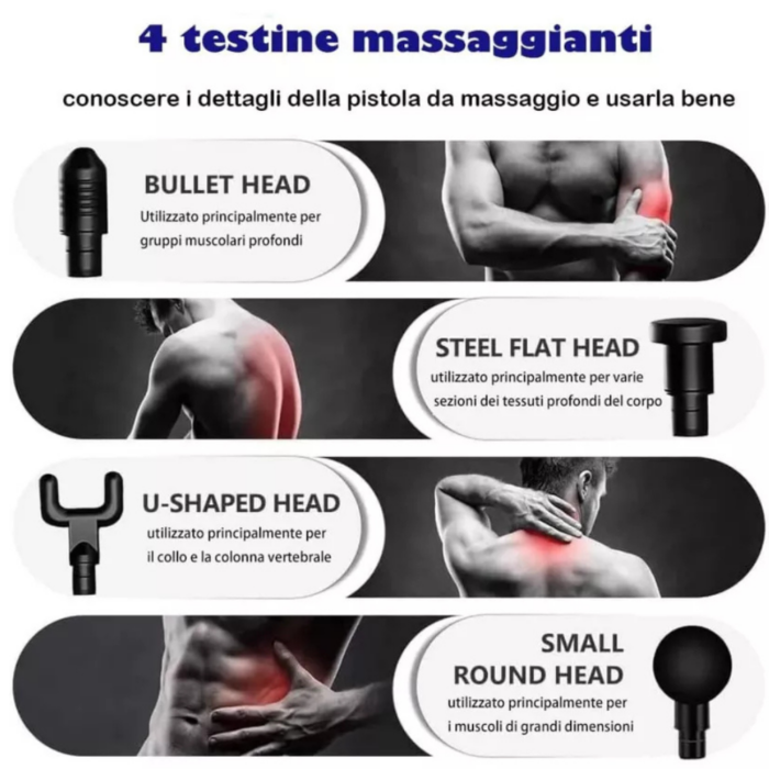Pistola Massaggiante per Muscoli con 4 Testine, Massaggio Rilassante per Dolori Schiena, Collo, Arti, Allenamento, Ricaricabile