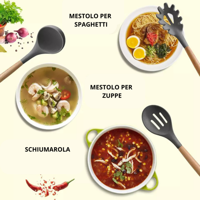 Set 11 Utensili da Cucina + Cestello in Silicone Premium, Manici in Legno, Resistenti al Calore, Antiaderenti