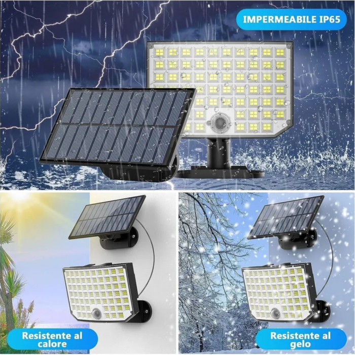 Kit 4 Fari Solari 250w con Pannello, Sensore Crepuscolare e di Movimento IP65 Impermeabile per Esterni
