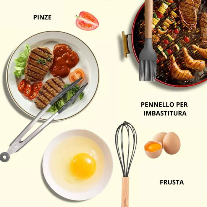 Set 11 Utensili da Cucina + Cestello in Silicone Premium, Manici in Legno, Resistenti al Calore, Antiaderenti