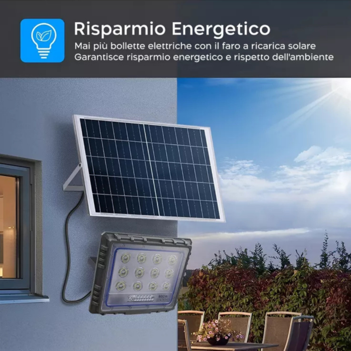 Faro Solare LED 800W Slim – Pannello Fotovoltaico, Sensore Crepuscolare IP66, in Alluminio Pressofuso
