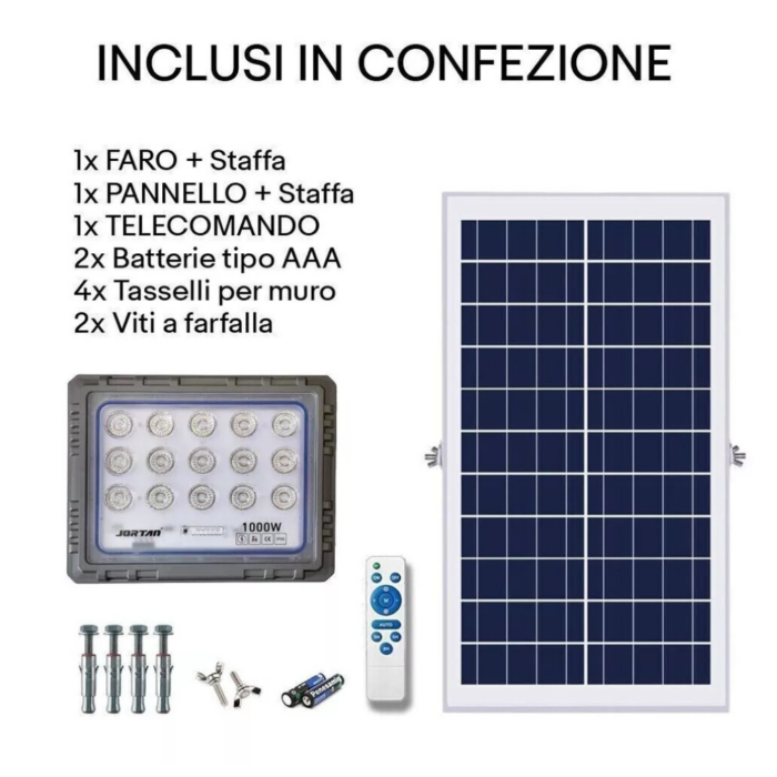 Faro LED Solare 1000W Slim con Pannello, Sensore Crepuscolare IP66 in Alluminio Pressofuso