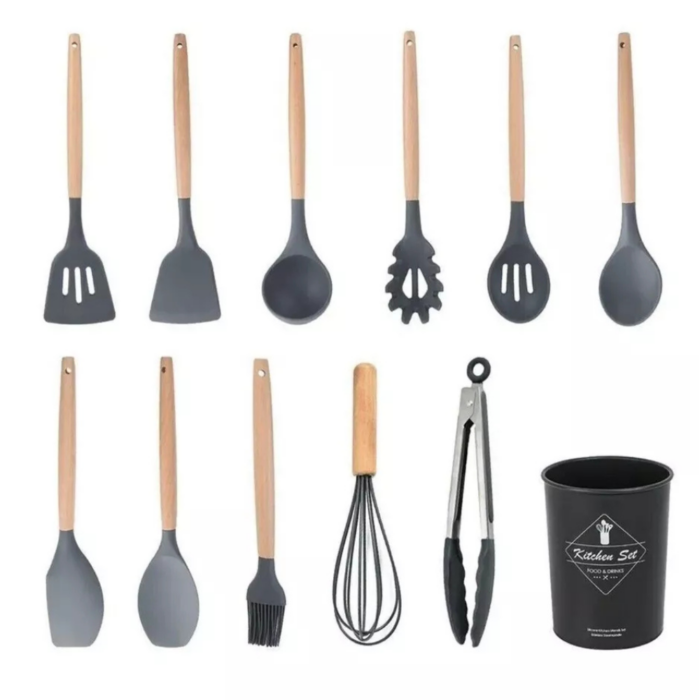 Set 11 Utensili da Cucina + Cestello in Silicone Premium, Manici in Legno, Resistenti al Calore, Antiaderenti
