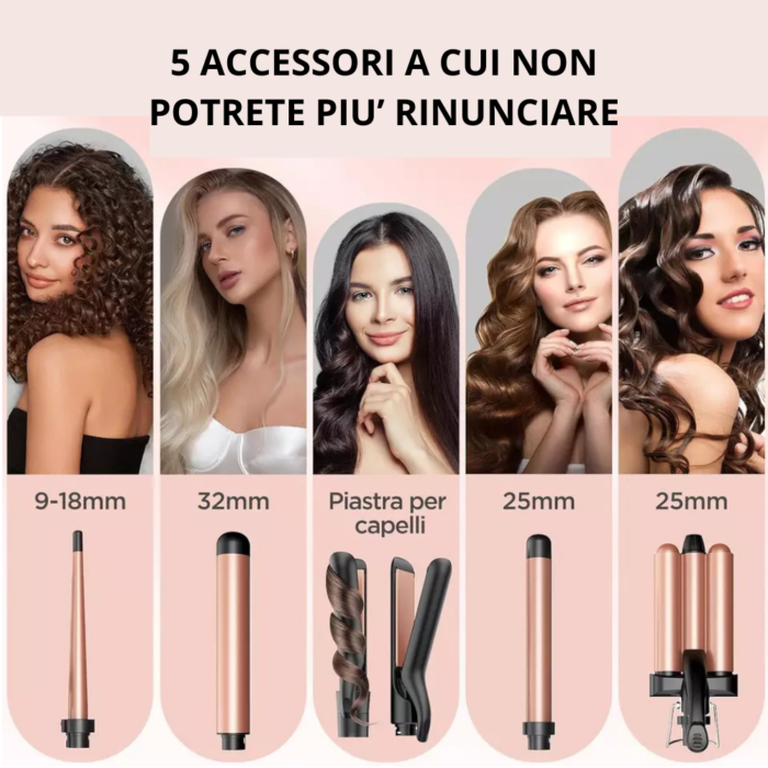 Set Piastre per Capelli 5 Accessori: 3 Coni Arricciacapelli + Piastra Lisciante + Piastra per Onde in Ceramica Antirottura