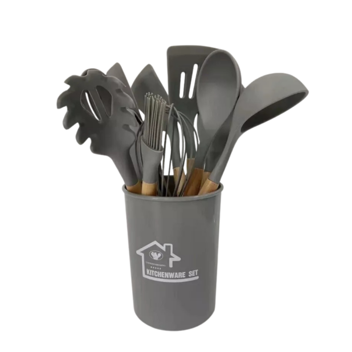 Set 11 Utensili da Cucina + Cestello in Silicone Premium, Manici in Legno, Resistenti al Calore, Antiaderenti