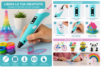 Penna Stampa 3D USB 5V Filamenti Colorati Disegni Kit Bambini Adulti Completo Penna Stampa 3D USB 5V Filamenti Colorati Disegni Kit Bambini Adulti Completo