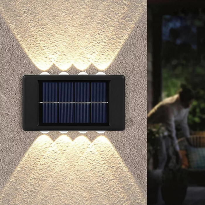 Appliques Luce Bidirezionale 8 LED a Ricarica Solare, Luce Fredda o Calda, per Parete Muro Giardino Esterni