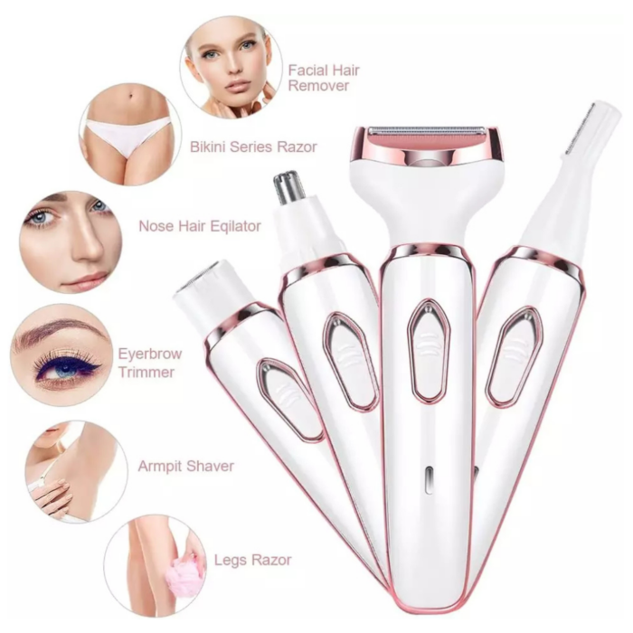 Epilatore 4 in 1 | Rasoio Elettrico Donna con Testine Intercambiabili USB | Peli Corpo e Viso