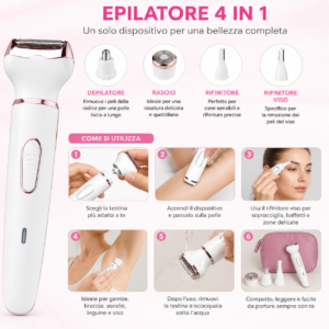 Epilatore 4in1 Donna Rasoio Elettrico USB Testine Intercambiabili Corpo Viso Epilatore 4in1 Donna Rasoio Elettrico USB Testine Intercambiabili Corpo Viso