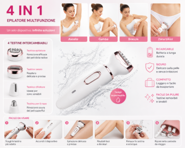 Epilatore 4in1 Donna Rasoio Elettrico USB Testine Intercambiabili Corpo Viso Epilatore 4in1 Donna Rasoio Elettrico USB Testine Intercambiabili Corpo Viso