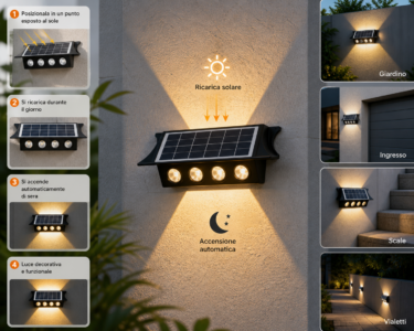 Applique Solare 8 LED Bidirezionale Ricarica Solare Luce Fredda/Calda Esterno Applique Solare 8 LED Bidirezionale Ricarica Solare Luce Fredda/Calda Esterno