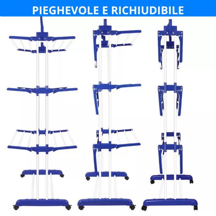 Stendi Panni Verticale 3 Livelli | Stendino Stendibiancheria Richiudibile Salvaspazio con Ruote