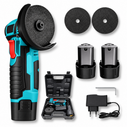 Mini smerigliatrice con batterie, dischi, caricabatteria e valigetta