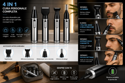 Epilatore 4in1 Uomo Rasoio Acciaio Testine Intercambiabili Barba Basette Epilatore 4in1 Uomo Rasoio Acciaio Testine Intercambiabili Barba Basette