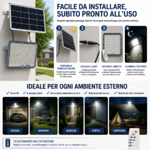Faro LED 5000W Slim a Ricarica Solare | Pannello Crepuscolare, Luce Bianca IP66 Faro LED 5000W Slim a Ricarica Solare | Pannello Crepuscolare, Luce Bianca IP66