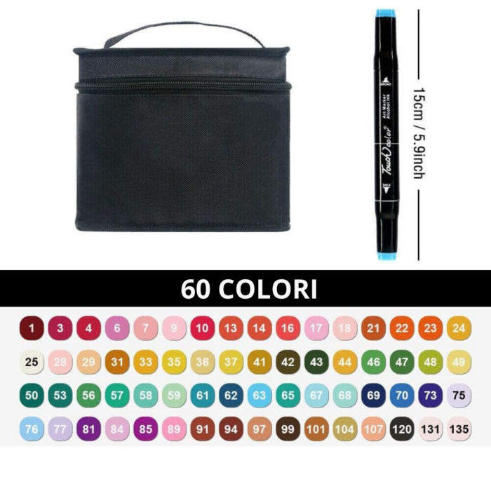 Set 60 Pennarelli Colorati Doppia Punta Sfumabili | Materiale Artistico, Colori Professionali con Custodia
