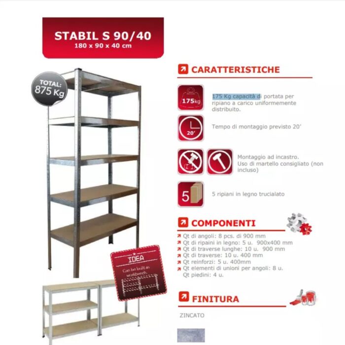 Scaffale 5 Ripiani x 175Kg per Carichi Pesanti | Scaffalatura in Metallo e Legno 180x90x40cm