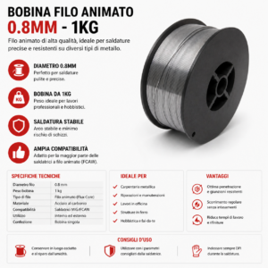 Bobina 0,8mm 1Kg Saldatrice MIG Filo Continuo NO Gas Animato Ricambio Bobina 0,8mm 1Kg Saldatrice MIG Filo Continuo NO Gas Animato Ricambio