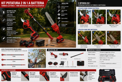 Kit Potatura Estensibile 4m 21V Brushless con Motosega e Forbice Kit Potatura Estensibile 4m 21V Brushless con Motosega e Forbice