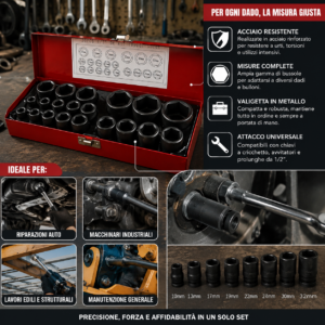 Set 20 Bussole 1/2"; Potenziate per Avvitatore Pneumatico 8-32mm Set 20 Bussole 1/2"; Potenziate per Avvitatore Pneumatico 8-32mm