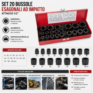 Set 20 Bussole 1/2"; Potenziate per Avvitatore Pneumatico 8-32mm Set 20 Bussole 1/2"; Potenziate per Avvitatore Pneumatico 8-32mm