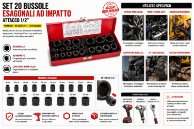 Set 20 Bussole 1/2"; Potenziate per Avvitatore Pneumatico 8-32mm Set 20 Bussole 1/2"; Potenziate per Avvitatore Pneumatico 8-32mm