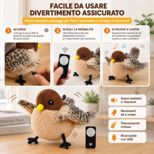 Uccellino Flappy Peluche Ali Mobili Cinguettio Reale USB Ricaricabile Animali Uccellino Flappy Peluche Ali Mobili Cinguettio Reale USB Ricaricabile Animali