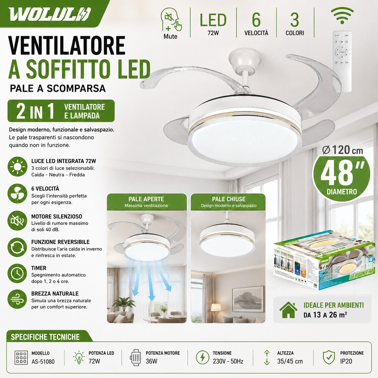 WhatsApp Image 2026-06-09 at 17.25.20 Ventilatore da Soffitto con Luce LED 72W Pale Retrattili 120cm 3 Toni Silenzioso