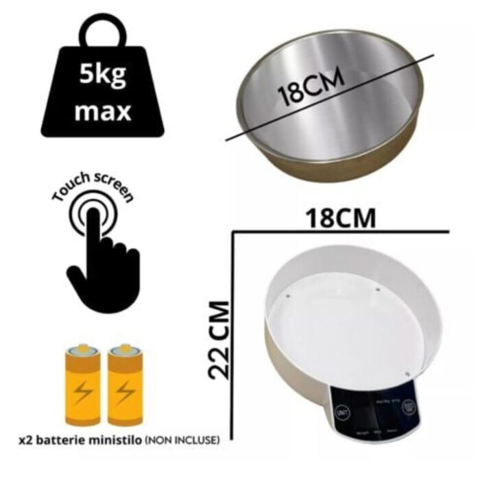 Bilancia Cucina Digitale 5Kg | Display LCD Alta Precisione con Ciotola Acciaio