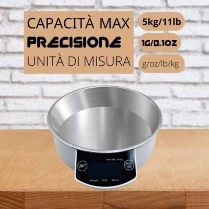 Bilancia Cucina Digitale 5Kg | Display LCD Alta Precisione con Ciotola Acciaio