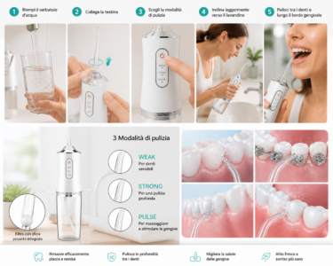 Idropulsore Dentale Portatile A8 | 3 Modalità, 230ml, IPX7 Idropulsore Dentale Portatile A8 | 3 Modalità, 230ml, IPX7
