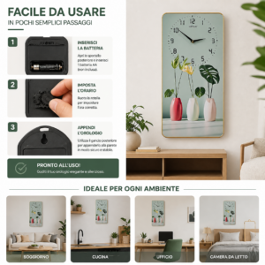 Orologio da Parete Decorativo Rettangolare | Design Vasi e Piante, Quadrante Analogico Orologio da Parete Decorativo Rettangolare | Design Vasi e Piante, Quadrante Analogico