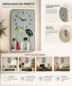 Orologio da Parete Decorativo Rettangolare | Design Vasi e Piante, Quadrante Analogico Orologio da Parete Decorativo Rettangolare | Design Vasi e Piante, Quadrante Analogico