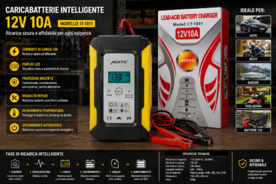 Caricabatterie 12V 10A per Batterie Gel e Litio | Display Digitale con Pinze Caricabatterie 12V 10A per Batterie Gel e Litio | Display Digitale con Pinze