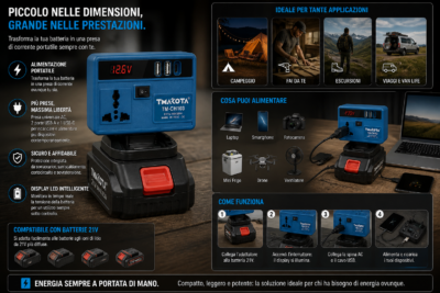Inverter Portatile 21V con Presa AC 220V | 2 USB + Type-C per Batterie Utensili Inverter Portatile 21V con Presa AC 220V | 2 USB + Type-C per Batterie Utensili