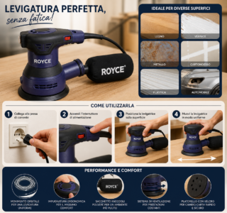 Levigatrice Orbitale Palmare ROYCE 350W 140X114mm X LEGNO Levigatrice Orbitale Palmare ROYCE 350W 140X114mm X LEGNO