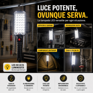 Torcia LED 34W con Gancio e Magnete da Lavoro, Presa Shuko per Emergenza Riparazioni Torcia LED 34W con Gancio e Magnete da Lavoro, Presa Shuko per Emergenza Riparazioni