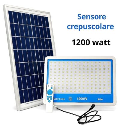Faro Solare 1200W Slim Crepuscolare IP66 Telecomando Esterno Kit Completo