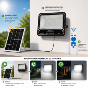 Faro LED Solare 3000W IP67 con Pannello Fotovoltaico | Luce Calda e Fredda 4000K/8000K Faro LED Solare 3000W IP67 con Pannello Fotovoltaico | Luce Calda e Fredda 4000K/8000K