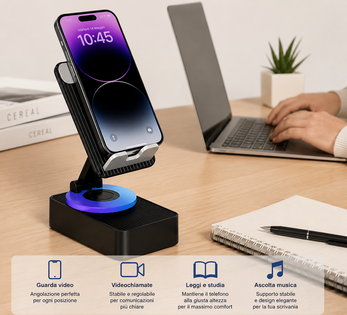 ChatGPT Image 10 giu 2026, 14_17_09 Supporto Cellulare con Audio Bluetooth e Speaker Wireless 3 in 1