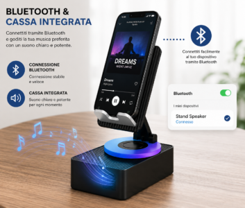 Supporto Cellulare con Audio Bluetooth e Speaker Wireless 3 in 1 Supporto Cellulare con Audio Bluetooth e Speaker Wireless 3 in 1