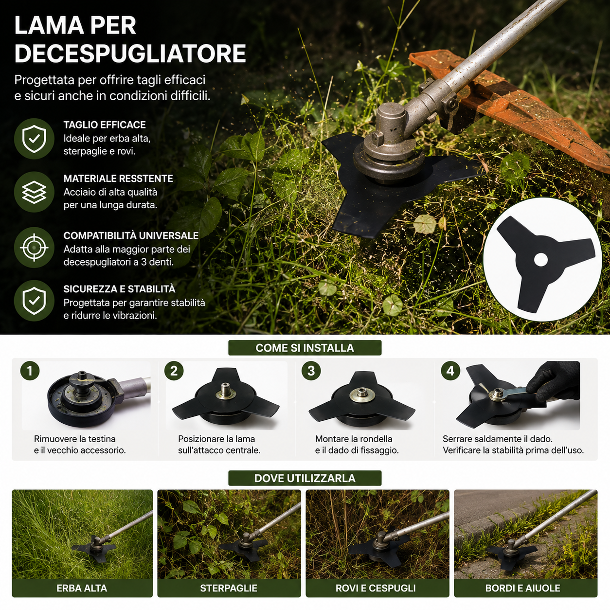 Lama Decespugliatore 3 Denti Acciaio al Manganese Tagliaerba. Lama Decespugliatore 3 Denti Acciaio al Manganese Tagliaerba