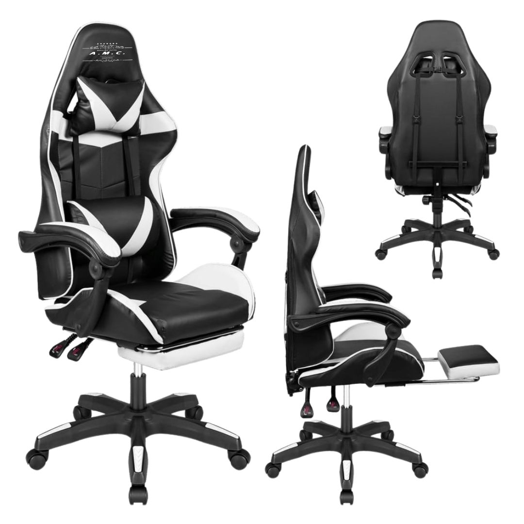 122025SEDIA-GAMING-BLACK-WHITE.jpg Sedia Gaming Reclinabile Girevole Ergonomica con Braccioli - AMC