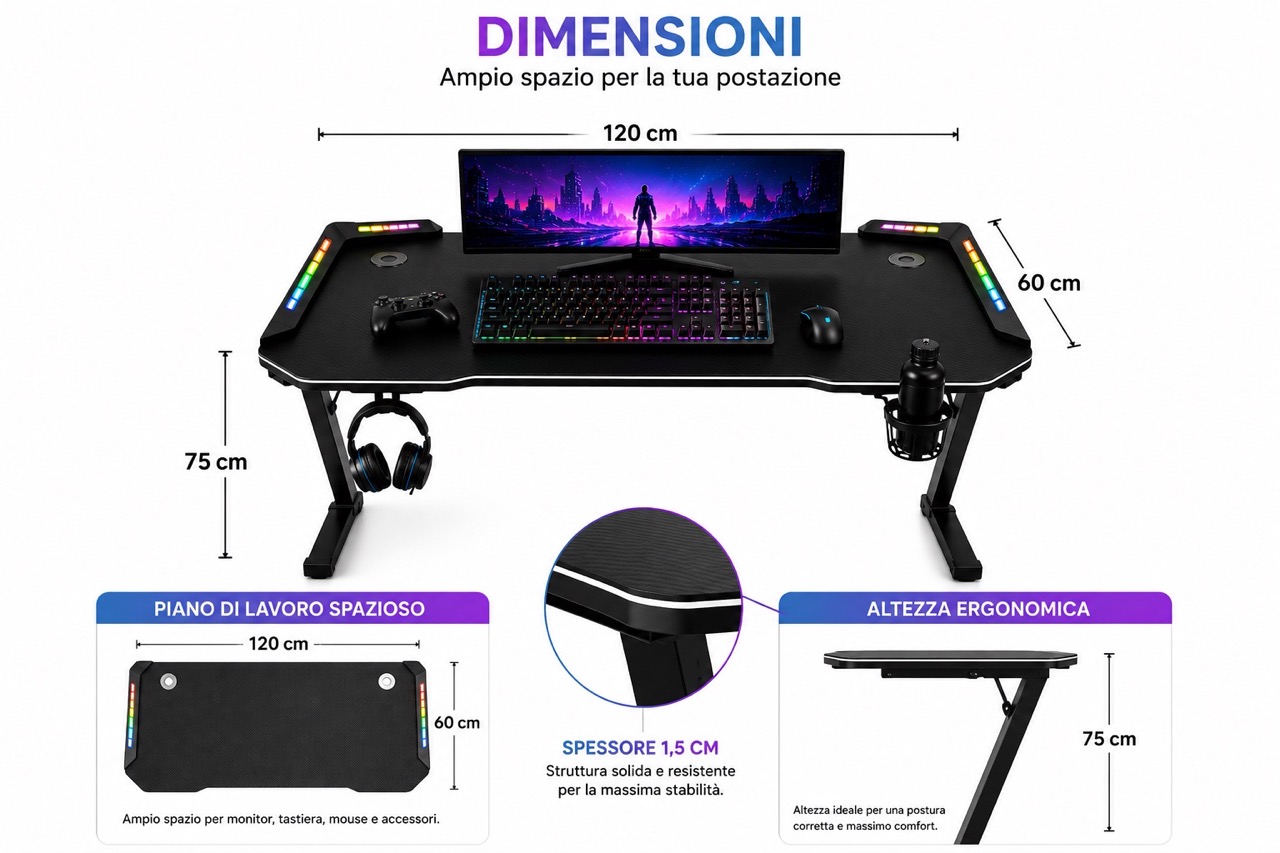 292026scr-2.jpeg Scrivania Gaming LED RGB 120x60 cm Telecomando Struttura Metallo