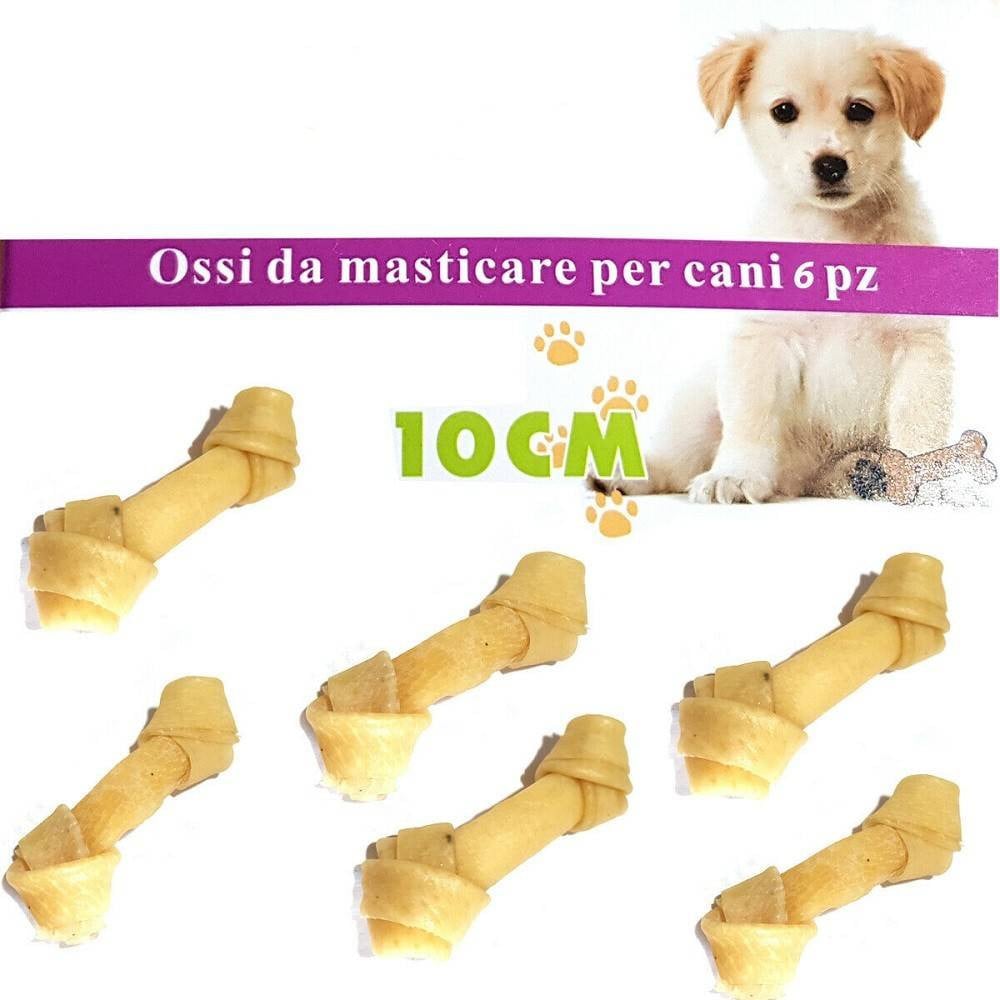 kit-6-ossa-cane-da-masticare-pelle-bovino-osso-cani-10cm-snack-annodato-igiene.jpg Ossi Per Cani In Pelle Bovina Grezza 10cm - 6 Pezzi Da Masticare